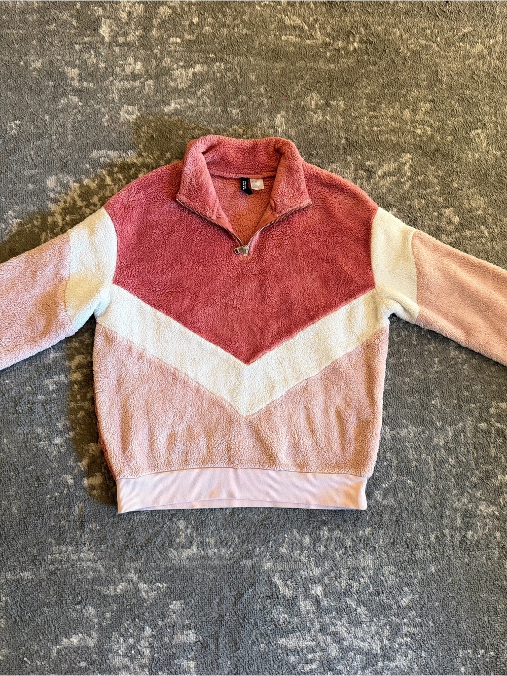 H&M Pink & White Chevron Sherpa Quarter-Zip Pullover